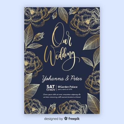 Golden Floral Wedding Invitation Template – Free Download