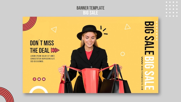 Horizontal Banner Template for Big Sale Featuring Woman and Shopping Bags – Free Download