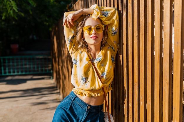 Beautiful Blond Woman in Yellow Blouse and Sunglasses – Free Download