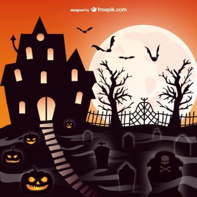 Spooky Halloween Mansion Graveyard Scene – Free Download