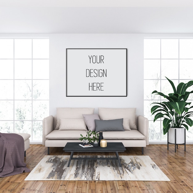 Horizontal Frame Poster Mockup for Living Room – Free Download