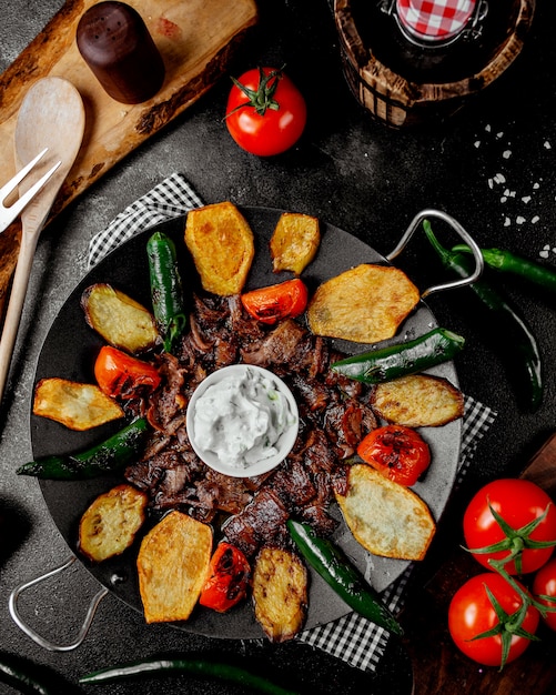 Top View of Lamb Saj Kebab with Potato, Pepper, and Tomato – Free to Download