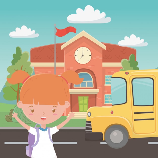 School Building, Bus, and Girl Vector Template – Free Download