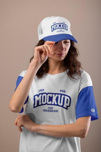 Mockup of a Woman in T-shirt and Cap – Free Download