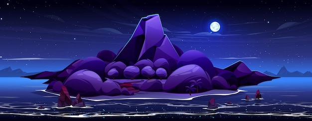 Night Volcano Island in Ocean Cartoon Vector Background – Free Stock Photo Download