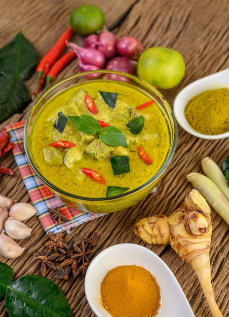 Green Curry Bowl with Spices on Wooden Table – Free Download