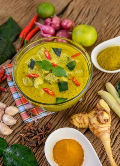 Green Curry Bowl with Spices on Wooden Table – Free Download