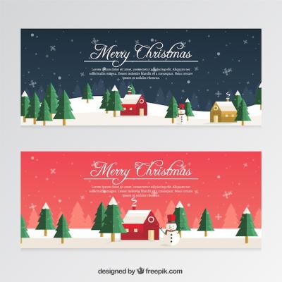 Christmas Banners Featuring Snowmen and Snowflakes in Flat Style – Free to Download