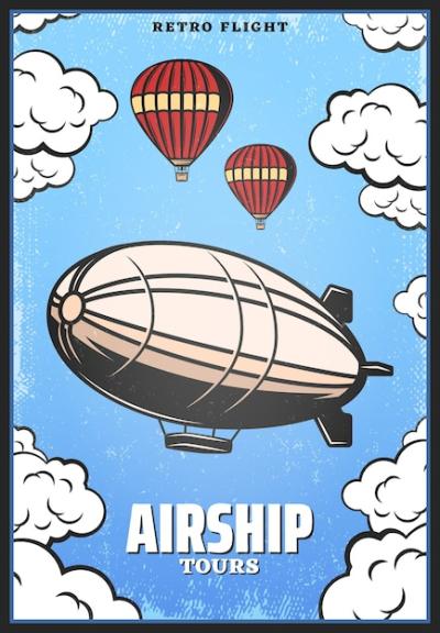 Vintage Colored Airship Poster Featuring Zeppelin and Hot Air Balloons in Sky Background – Free Download