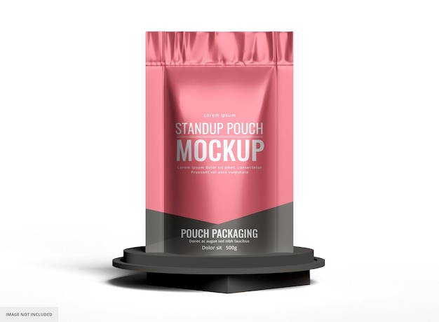 Pink Standup Matte Seal Pouch Bag Mockup on Podium with Light Background – Free Download