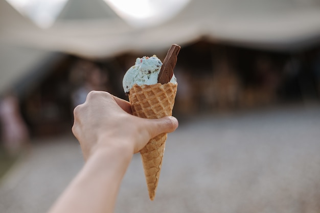 Delicious Blue Ice Cream Cone with Chocolate Slice – Free Stock Photo, Download for Free