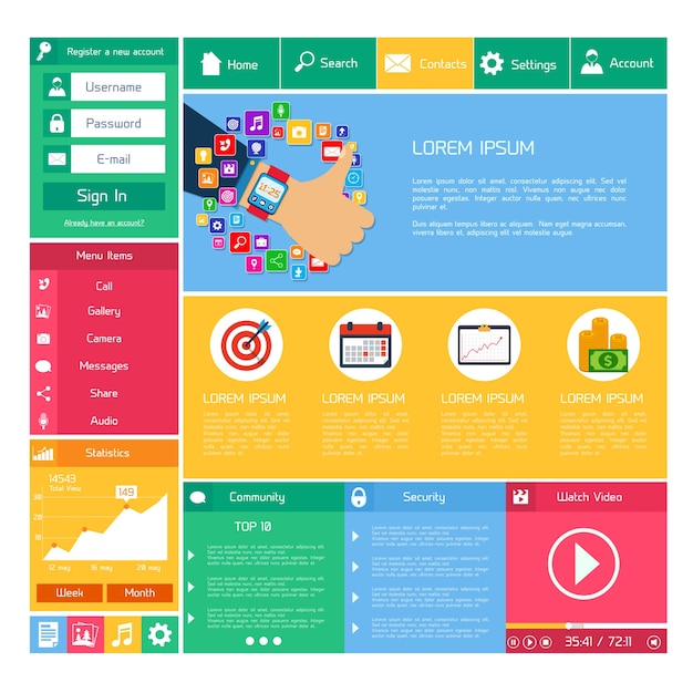 Flat Website Design Template: Internet and Applications Layout Elements – Free Download