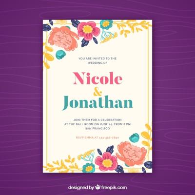 Beautiful Wedding Invitation Design with Colored Flowers – Free Download