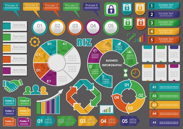 Download Free Vector Business Infographics Graphs Tags and Icons Set on Dark Gray Background