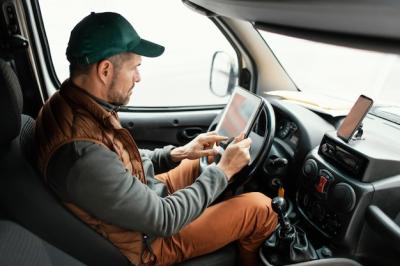 Side View of a Man Delivering a Package in a Car – Free Download