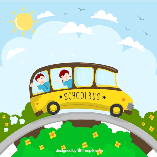 Hand Drawn School Bus with Children – Free Download