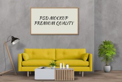 Mock Up Poster Frame in a Cozy Living Room with Sofa – Free Stock Photo for Download