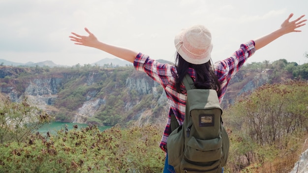 Asian Backpacker Woman Hiking to Mountain Summit – Free Stock Photo for Download