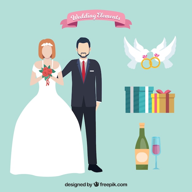 Beautiful Couple of Bride and Groom with Wedding Elements – Free Download