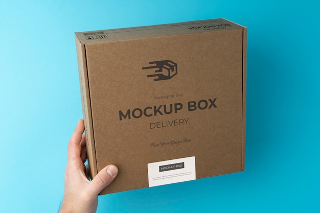 Delivery Box Held in Hand Against a Blue Background – Free Download