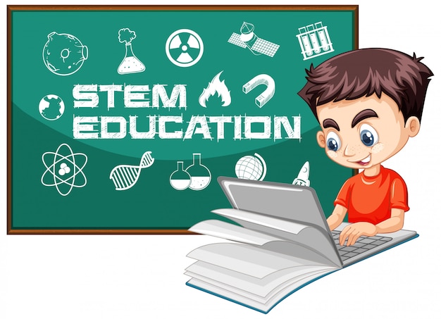 Boy Searching on Laptop with STEM Education Logo – Free Download