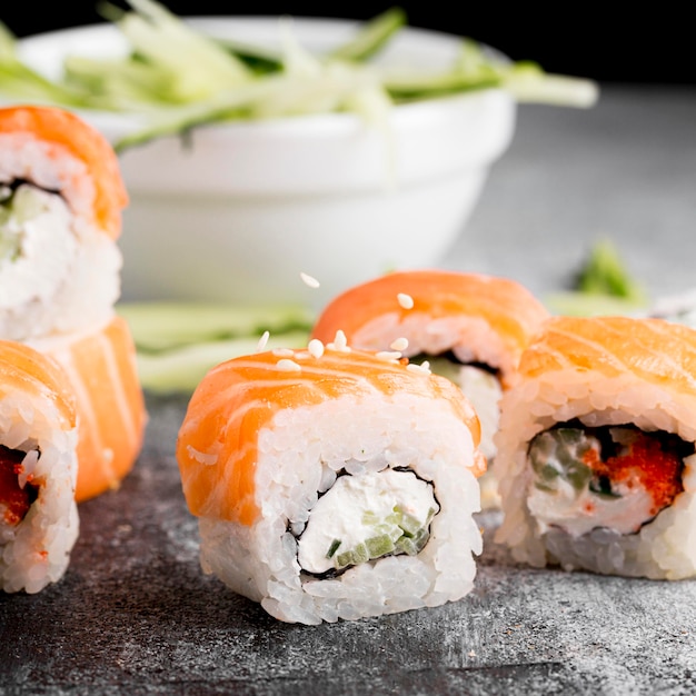 Close-up Salad and Fresh Sushi Rolls – Free to Download