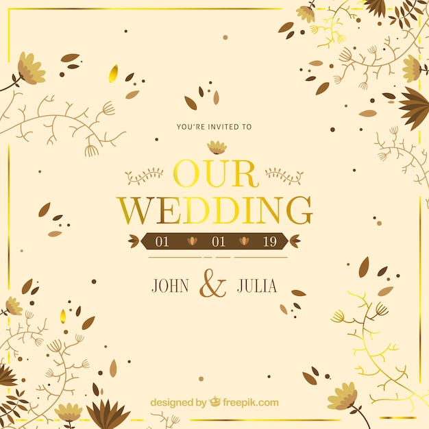 Golden Flower Wedding Card Vector Template – Free Download