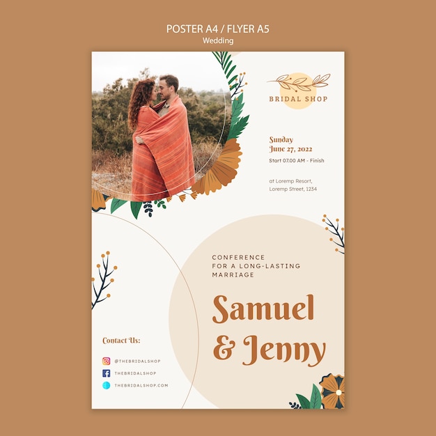 Floral Wedding Vertical Poster Design Featuring Leaves and Couple – Free Download