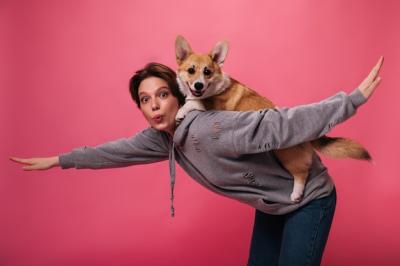 Short Haired Woman in Hoodie Playing with Corgi on Pink Background – Free Download