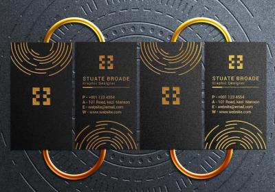 Realistic Vertical Business Card Mockup Featuring Black Card with Embossed Gold Design – Free Download