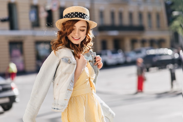 Ginger Girl in Yellow Dress Walking Around Town – Free Download