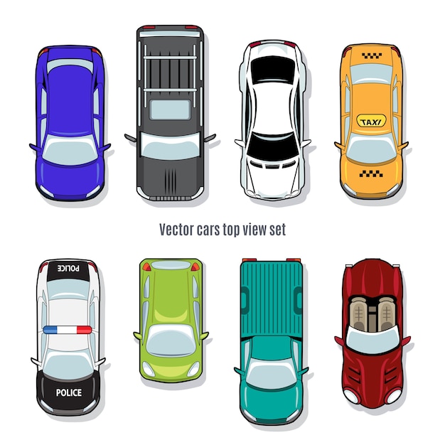 Vector Cars Top View: Convertible, Pickup, Jeep, Taxi, and Police – Free Download