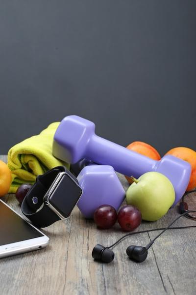 Healthy Lifestyle: Dumbbell, Smart Watch, and Fresh Fruit – Free Download