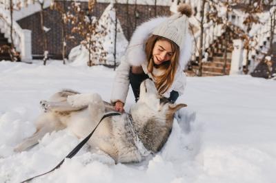 Joyful Young Woman Playing with Cute Husky Dog in Winter Snow – Free Download