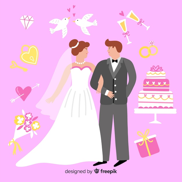 Hand Drawn Wedding Couple with Ornaments – Free Stock Photo, Download Free