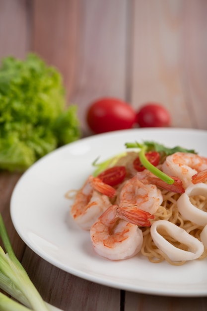 Stir-fried Instant Noodle with Prawn and Crab Stick in a White Dish – Free Stock Photo, Download Free