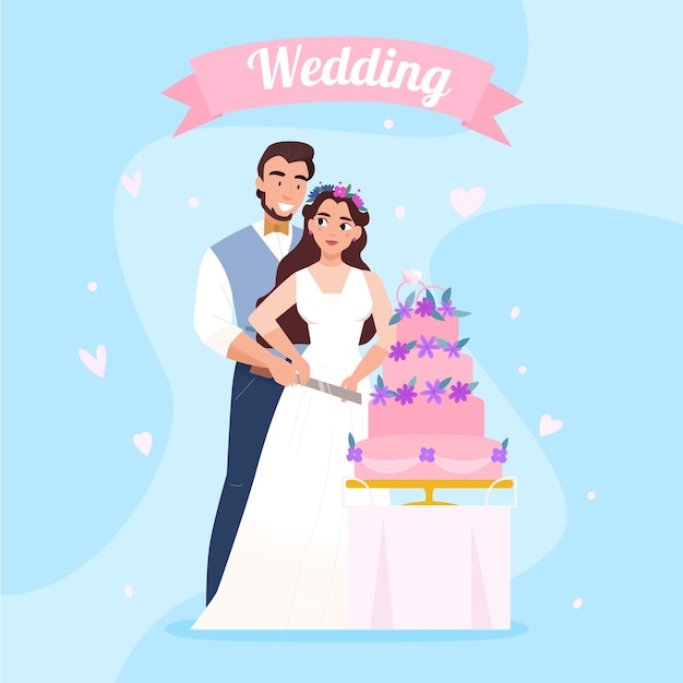 Beautiful Composition of Bride and Groom Cutting Wedding Cake – Free Stock Photo