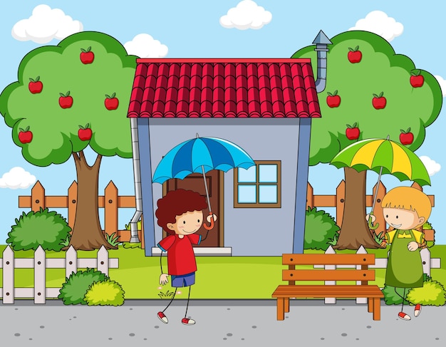 Front of House Scene with Two Kids Holding an Umbrella – Free Download