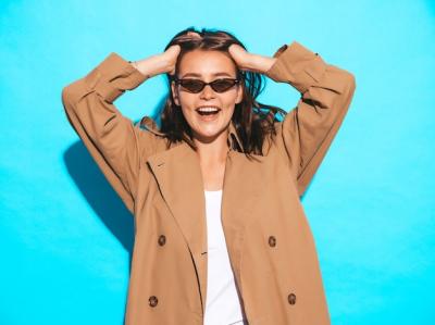 Portrait of a Beautiful Caucasian Brunette Woman in Brown Overcoat and Sunglasses – Free Download