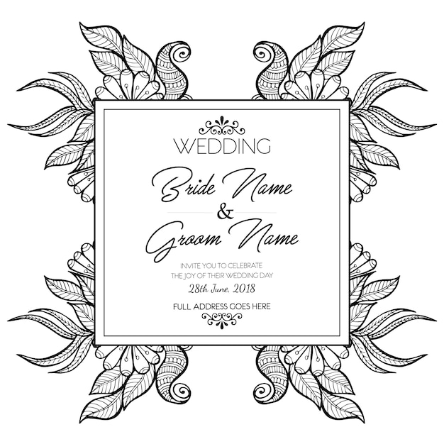 Hand Drawn Black and White Floral Wedding Invitation Card – Free Download