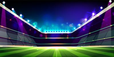 Cartoon-Style Empty Soccer Field Illuminated by Projector Lights – Free Download