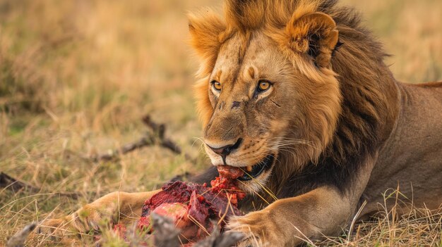 Lion Eating Meat in Nature Wallpaper – Free Download