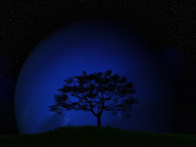 3D Render of a Tree Landscape Against a Fictional Planet in a Night Sky – Free Download