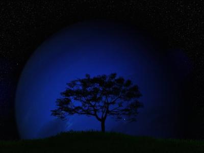 3D Render of a Tree Landscape Against a Fictional Planet in a Night Sky – Free Download