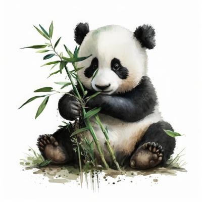 Cute Baby Panda Eating Bamboo – Watercolor Painting on White Background | Free Download