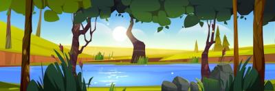 Summer Landscape Vector with River in Forest and Fields – Free Download