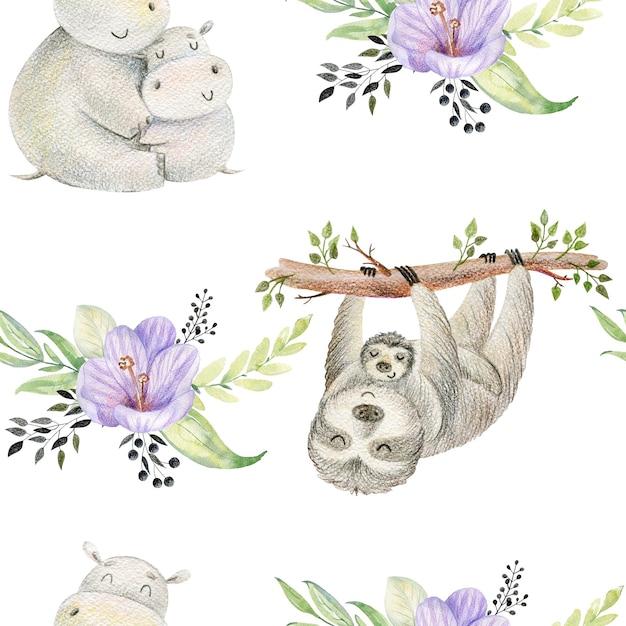 Watercolor Hippo and Sloth Mom and Baby Seamless Pattern – Free Download