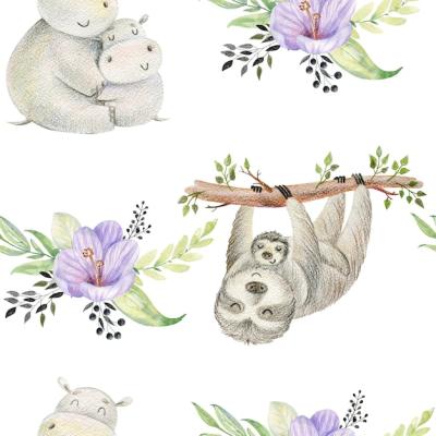 Watercolor Hippo and Sloth Mom and Baby Seamless Pattern – Free Download