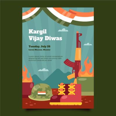 Flat Kargil Vijay Diwas Poster Template Featuring Military Equipment – Free Download