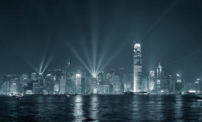 Stunning Black and White Nighttime Skyline of Hong Kong with Laser Beams – Free Download